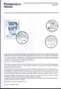 ITALIA 2010 PALLAVOLO MASCHILE BOLLETTINO COMPLETO DI FRANCOBOLLI ANNULLO FDC - Foto 1 di 1