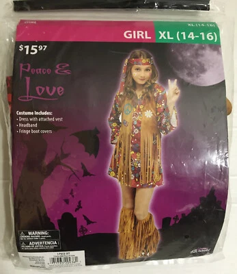 Fun World Girls XL (14-16) Peace & Love Costume. Dress, Headband, Boot Covers - Image 1 of 4