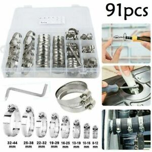 Assorted Stainless Steel Hose Clamp Set Kit No Driver Jubilee Clip - 91pcs 