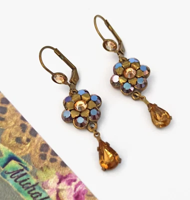 Серьги Michal Negrin металлик AB коричневый золотой цветок кристаллы коктейль подарок - Изображение 1 из 4