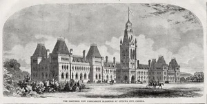 Grabado 1859 Parliament Hill Ottawa Ontario Canadá diseño original de edificio - Imagen 1 de 1