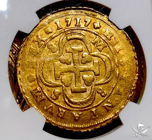 SPAIN 1717 8 ESCUDOS NGC 58 ONLY 1 KNOWN! PIRATE GOLD TREASURE PIRATE COIN FLEET - Picture 1 of 12