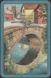 Playing Cards Single Card Old Vintage * TOWN RIVER BRIDGE FISHING  Artist Signed