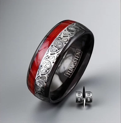 ✅ Genuine  Mens Tungsten  wedding Band  Mens ring red black celtic design - Image 1 of 4
