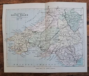 Mapa de Gales del Sur 1874. Antiguo. Glamorgan, Pembrokeshire, Carmarthen, Brecknock - Imagen 1 de 4