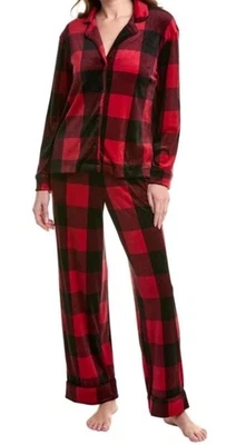 Acogedor conjunto de pijama de felpa para mujer Donna Karan Buffalo a cuadros negro rojo talla mediana Foto 1 de 4