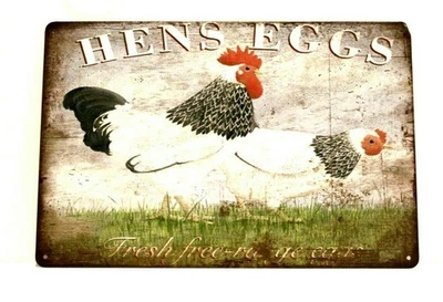 Hens Farm Fresh Eggs Tin Metal Sign Rustic Kitchen Home Market Shop Chickens - Image 1 of 4