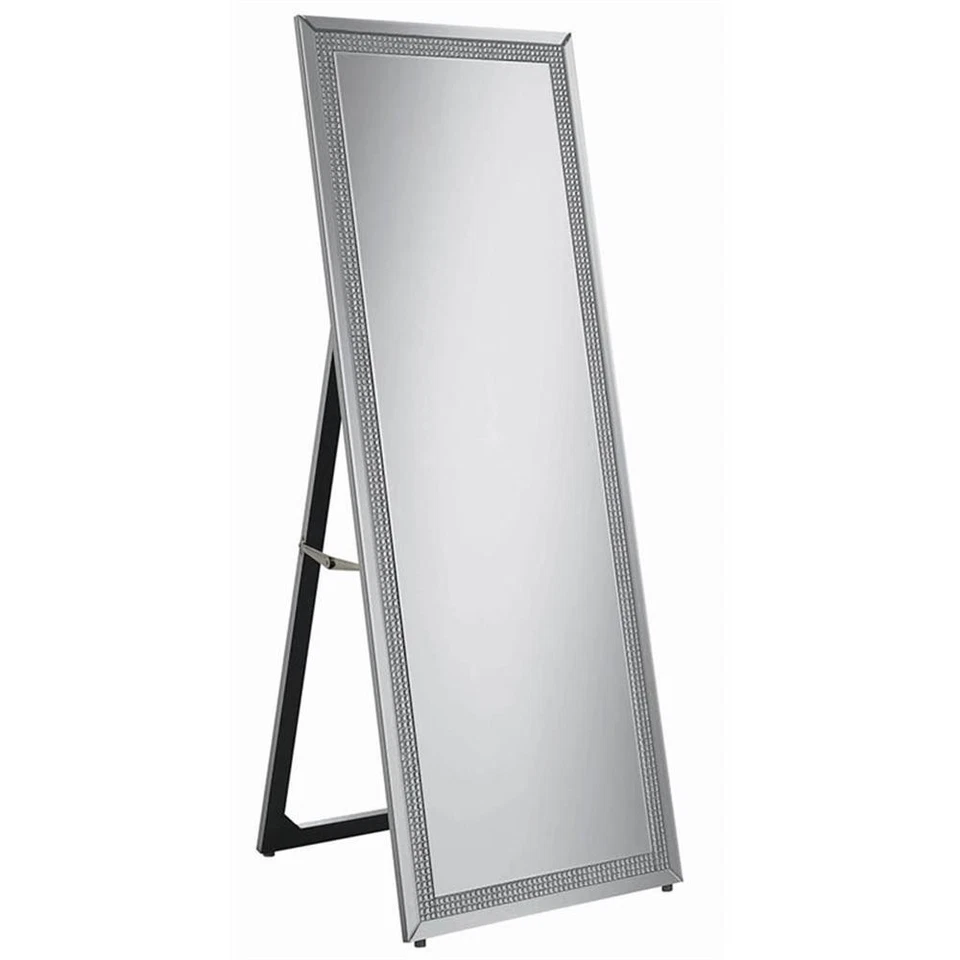 Espejo de piso Coaster contemporáneo de madera Cheval con detalles de diamantes de imitación en plata Foto 1 de 1