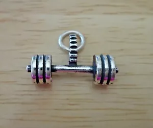 Sterling Silver 3D 12x20mm Weight Lifting Barbell Dumbbell Charm - Picture 1 of 11