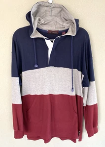 John Ashford Cotton Grey Blue Red Stripe Long Sleeve Rugby Hooded Shirt Size L - Picture 1 of 7