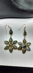 Labradorite Flower Carving Earrings 925 Sterling Silver Hand Carved Flower JJ105 - Picture 1 of 4