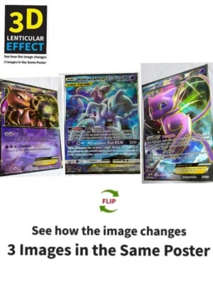 Pokémon-MEW,MEWTWO-3D 海报 3D 灯罩翻转效果,3 合 1 — 第 1/4 张图片