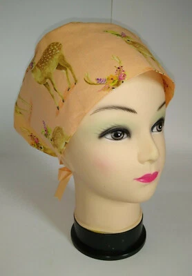 Peach Deer Fawn w/Flowers Tie-Back Euro Style 100% Cotton Scrub Hat/Cap NWOT USA - Image 1 of 4