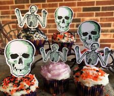 6 Handmade Halloween Cupcake Toppers,Appetizer Picks Glow in Dark Skeleton Skull