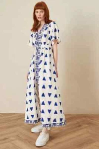 Monsoon Size Large 16 18 Embroidered Cotton White Blue Kaftan Shirt Midi Dress - Picture 1 of 7