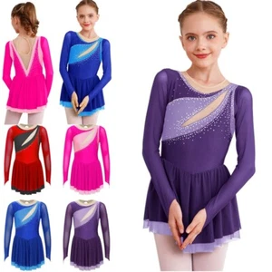 Abito da ballo ragazza manica lunga pattinaggio su ghiaccio glitter maglia trasparente balletto - Foto 1 di 48