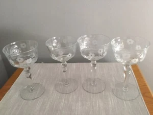 Elegant Glass Crystal Sherry Wine Stemware Etched Floral Antique Set Of 4 - Picture 1 of 4