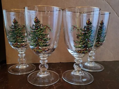 Spode Christmas Tree 16 Oz Pedestal Goblets with Gold Rims, Set of 4 (4339601) - Image 1 of 4