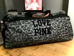 VICTORIAS SECRET LOVE PINK LARGE DUFFLE TOTE WEEKENDER BAG BLACK LEOPARD 23”RARE - Picture 1 of 24