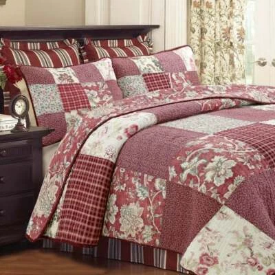 NEW ~ COZY RED BLUE WHITE GREEN LEAF GREY BROWN PATCHWORK ROSE COUNTRY QUILT SET - Image 1 of 4