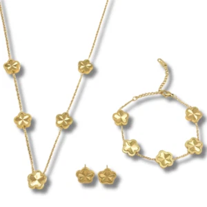 3pc Gold Plated StainlessSteel Five Leaf Clover Flower Necklace Set Tarnish Free - Picture 1 of 2