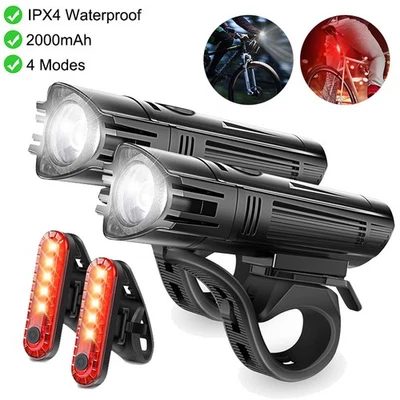 LED USB Rechargeable Mountain Bike Lights Bicycle Torch Front & Rear Lamp 2 Set - Image 1 of 4