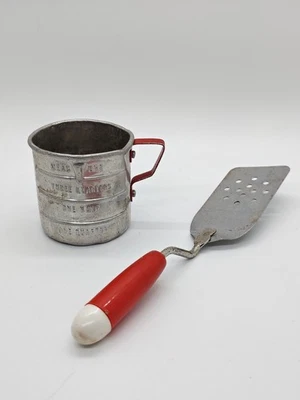 Vintage Children's Tin Cooking Utensils Measuring Cup And Spatula - Image 1 of 4