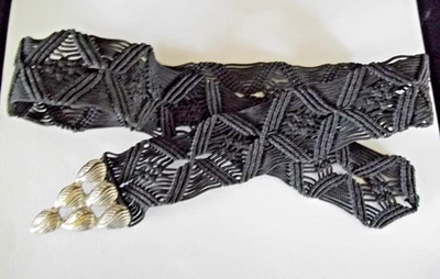 Vintage Macrame Belt  Black with Silver Leaf Buckle 28-30" sz Medium - Image 1 of 4