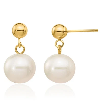 14K Solid Yellow Gold 8mm White Round Freshwater Cultured Pearl Dangle Earrings - Image 1 of 4