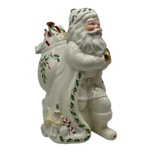 LENOX 13" Holiday Santa w/Toy Sack Cookie Jar Ivory With Holly Christmas Décor - Picture 1 of 11