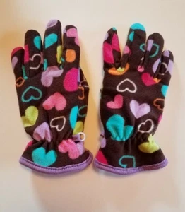 Jumping Beans Girl's Size M-L Brown Multicolored Hearts Fleece Gloves EUC - Picture 1 of 8