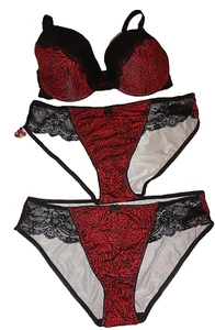 Pep & Co Red Satin & Black Lace Plunge Bra &2 Knickers( 16-18) Set Size 40DD🌸🌺 - Picture 1 of 17