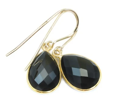 14k Solid Gold Black Spinel Earrings Bezel Teardrops Simple Pear Dangle Drops - Image 1 of 2