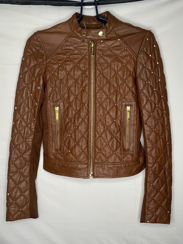 Giacca Moto Bomber Trapuntato Michael Kors Donna Cognac 100% Pelle Taglia 2