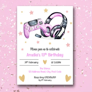 Gaming Birthday Party Invitations Personalised Girls Invites Gamer 10 Cards - Picture 1 of 9