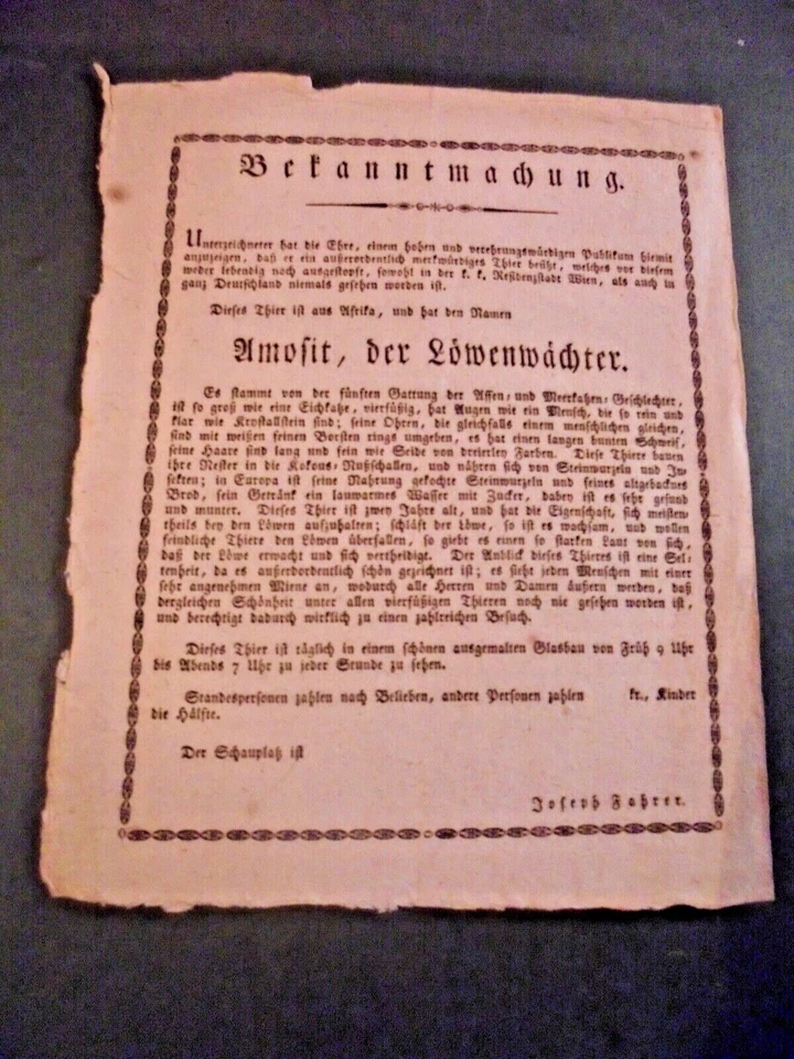 1825c plakat anschlagzettel TIER SCHAUSTELLUNG menagerie jahrmarkt circus poster - Bild 1 von 1