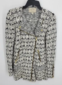 Lucky Brand Cardigan Sweater Womens Small Black White Aztec Moto Zip Pocket Boho - Picture 1 of 7