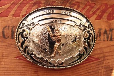 Vtg Comstock German Silver Hand Made Baseball Coach Dave Western Belt Buckle 88 - Image 1 of 3