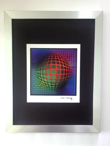 VICTOR VASARELY + SIGNED GEOMETRIC ABSTRACT PRINT FROM 1970 + NEW FRAME!14x11in. - Picture 1 of 3