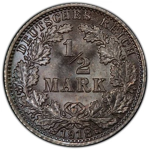 1918-A Germany Silver 1/2 Mark – Wilhelm II (*Certified MS66 by PCGS*) - Toned - Picture 1 of 2