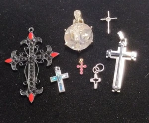 Cross Pendants Charms Lot of 7 Rhinestone Crystal Titanium Enamel - Picture 1 of 7