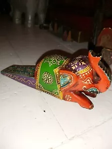 HANDMADE INDIAN SOLID WOOD DOOR STOPPER- HAND PAINTED ORANGE & MULTI - Picture 1 of 9