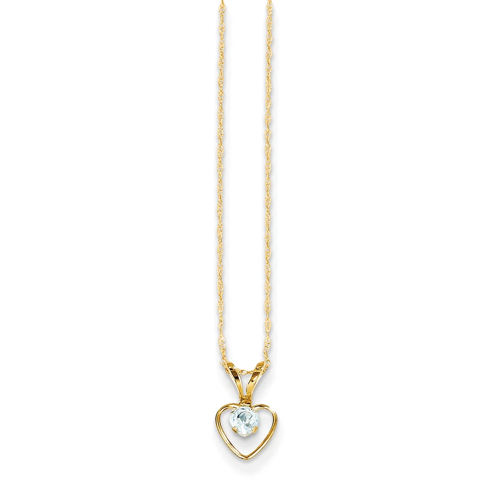14K Yellow Gold 3mm Aquamarine Birthstone Heart Necklace 15" Madi K Kids Jewelry - Image 1 of 1
