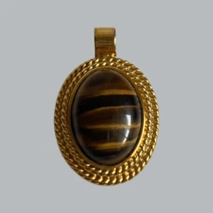 Large Tigers Eye Pendant Gold Tone Necklace Charm Cabochon - Picture 1 of 3