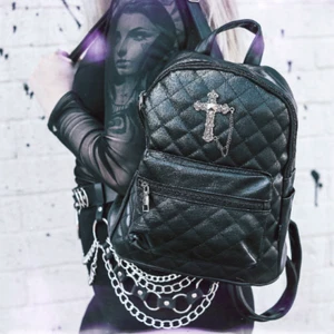 QUILTED METAL CROSS Black GOTHX Mini Backpack Rucksack Steam Punk Rock Goth Bag - Picture 1 of 4