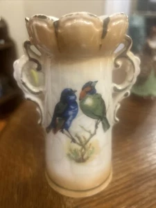 Vintage Art Deco Czechoslovakia Porcelain Vase Blue & Green Birds 5.5" By 3" - Picture 1 of 5