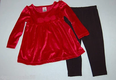 Toddler Girls FANCY Mock Velvet RED Rose Shirt & Black Leggings 18 Mo * - Image 1 of 2