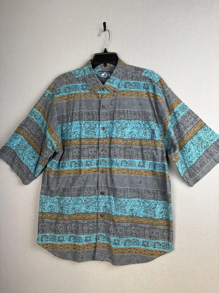 Ocean Pacific Shirt Mens Large Gray Teal Aloha Hawaiian Tribal Short Sleeve OP - Image 1 of 4