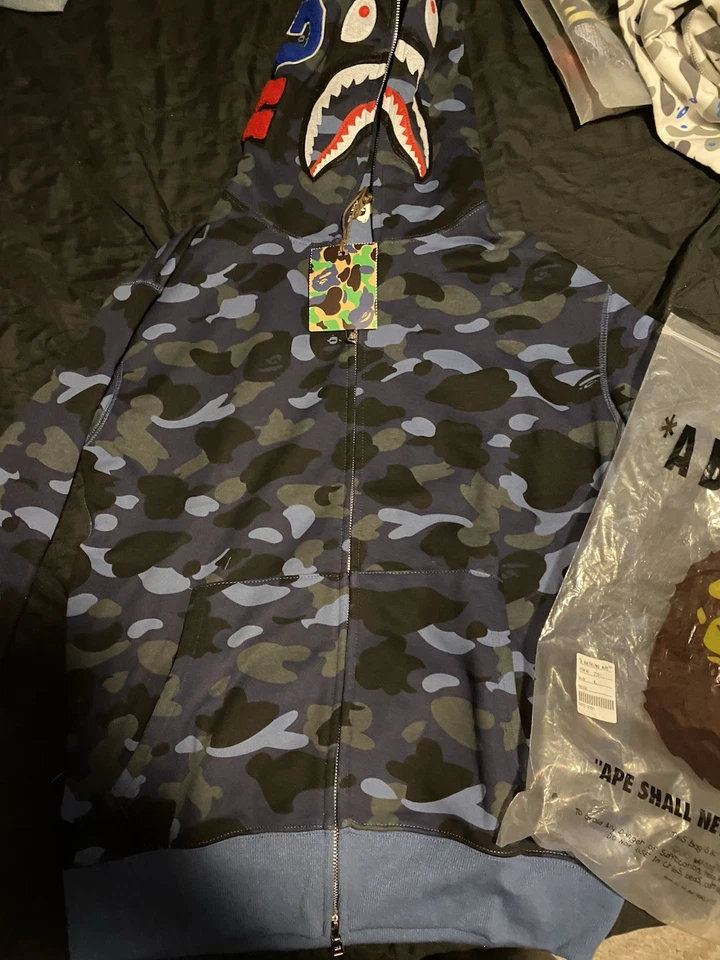 Sudadera con Capucha A Bathing Ape Bape Para Hombre Cremallera Completa Camuflada Tiburón Talla Grande Azul Camuflada Foto 1 de 1