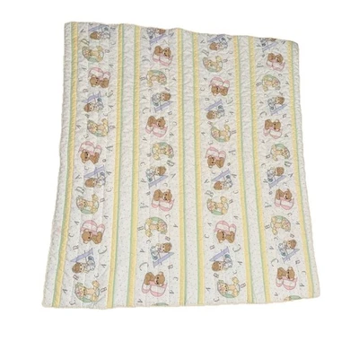 VTG Precious Moments ABC Baby Quilt Crib Blanket Bears Kitten White Yellow 44X39 - Image 1 of 4